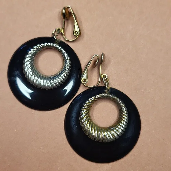 Black and Gold Clip Earrings - Picture 2 of 3